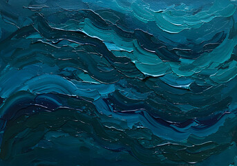 Obraz premium An abstract painting depicting ocean waves in varying shades of blue and teal, created with thick brushstrokes and texture.