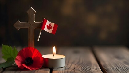 Red poppy flowers and a wooden cross on a table, symbolizing remembrance and honor for veterans on Veterans Day