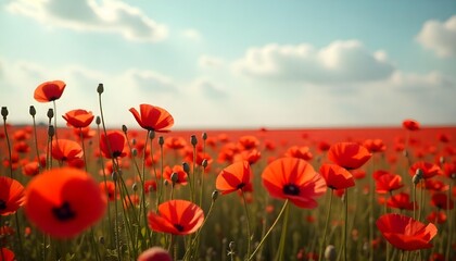 Obraz premium A field of red poppies, representing patriotism and reflection for veterans on Remembrance Day and Veterans Day