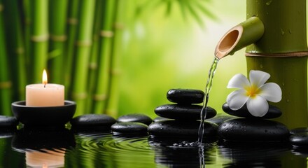 Serene Spa Still Life: Bamboo Fountain, Stones, Candle, and Plumeria Blossom