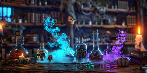 Alchemical laboratory with glowing potions and mystical creatures
