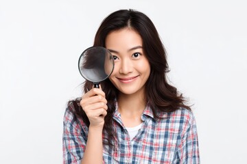 Asian woman holding a magnifying glass against a white backdrop
