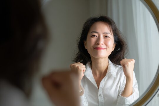 Asian woman cheers herself up with a fist gesture while looking in the mirror
