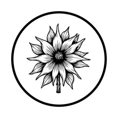 Elegant floral emblem design featuring a blooming flower with detailed petals in a circular frame black and white