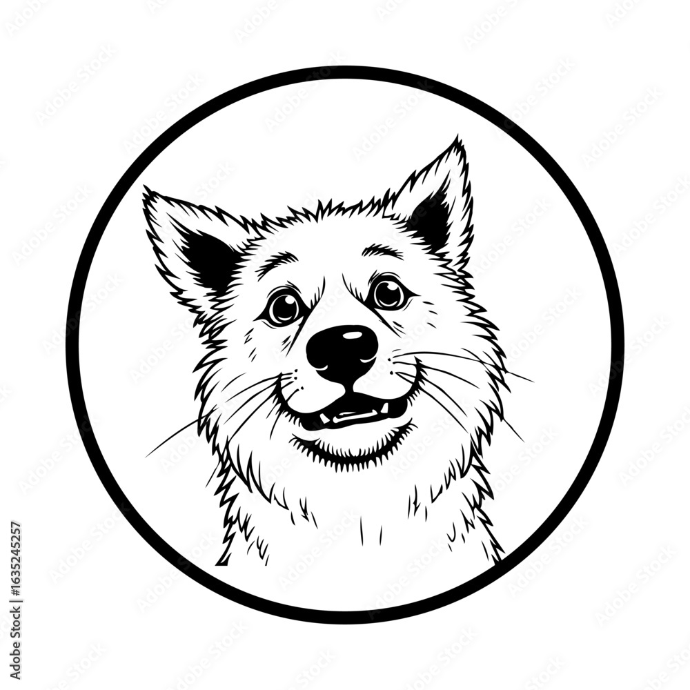 Poster a captivating black and white drawing portrays an adorable dog face enclosed within a circular frame