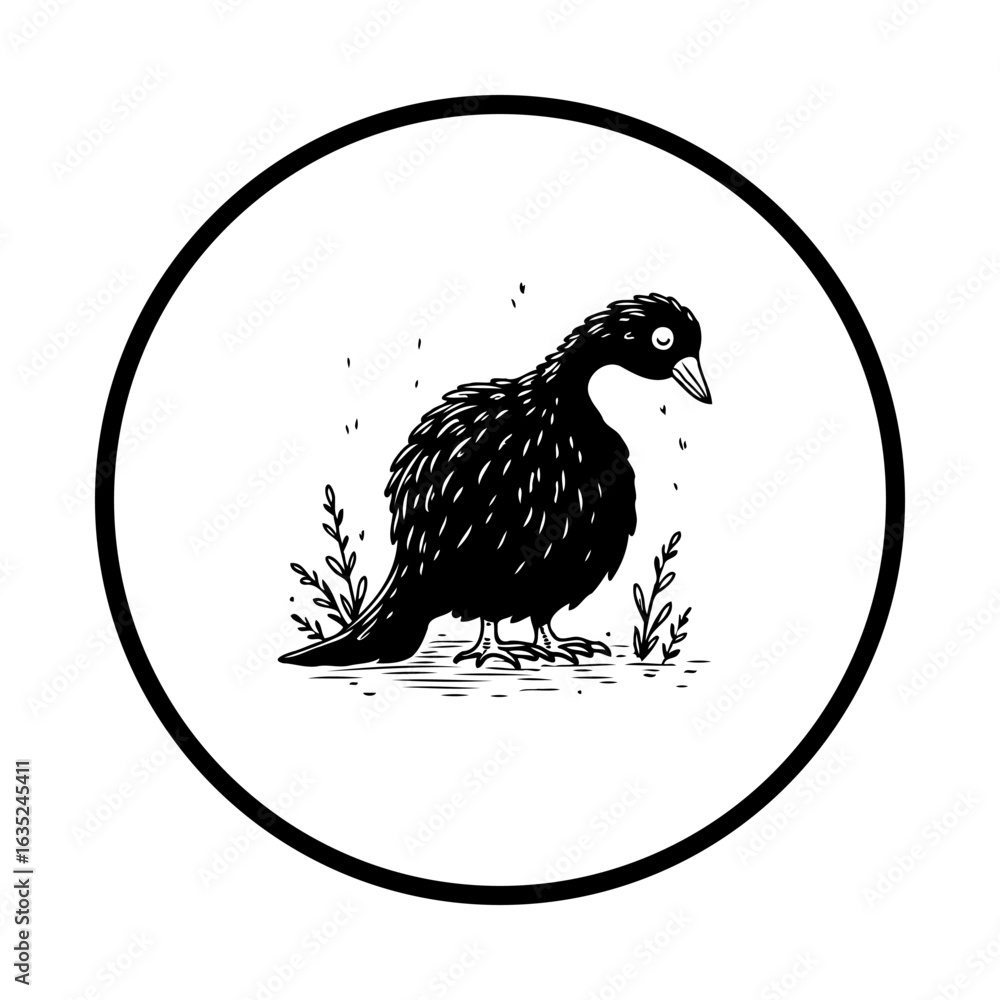 Poster monochrome illustration of a comical black duck standing in vegetation within a circle design concep