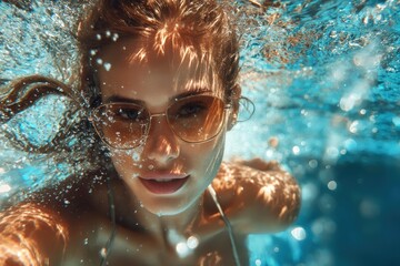 attractive female in swimwear swims in the water