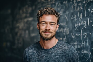 Attractive learner before a blackboard full of equations