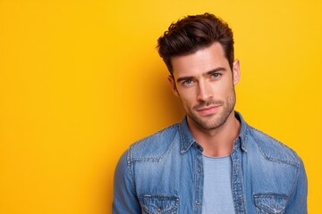 Obraz premium Attractive man gazing at the camera against a yellow backdrop