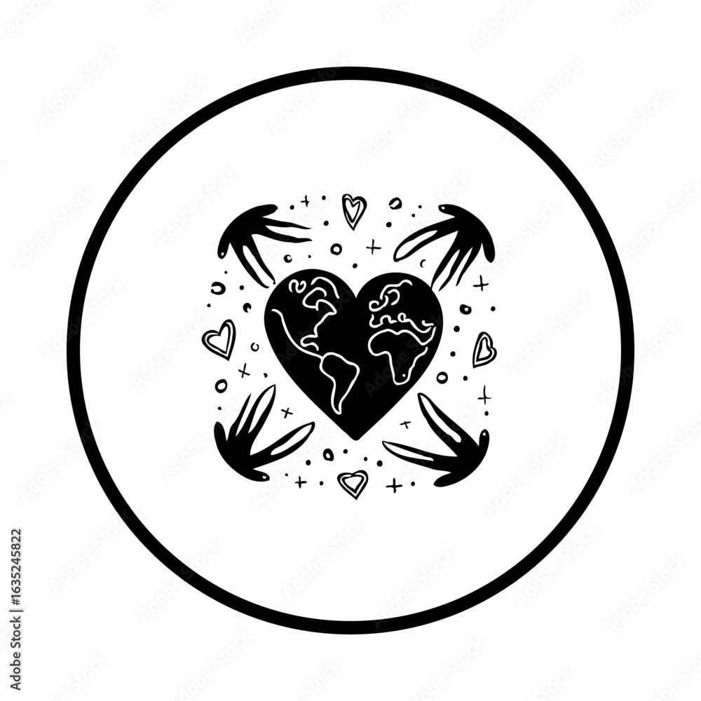 Poster Global Unity Illustration: Hands Embracing Earth in Heart Shape with Decorative Elements and a Circle Frame