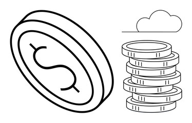 Stacked coins and a single coin with a dollar sign next to a cloud element. Ideal for finance, savings, investments, budgeting, banking, cloud storage, wealth, simple flat metaphor