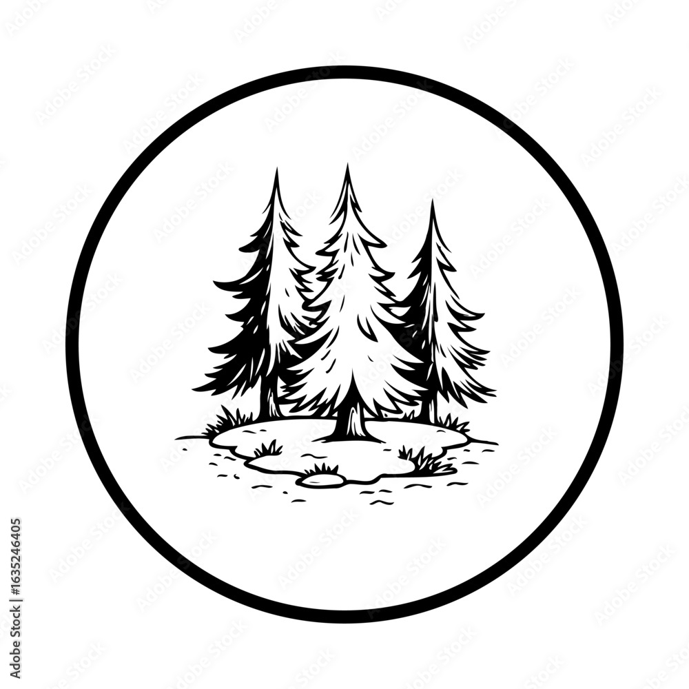 Poster simple forest illustration showcasing evergreen trees within a circular border a natural and minimal