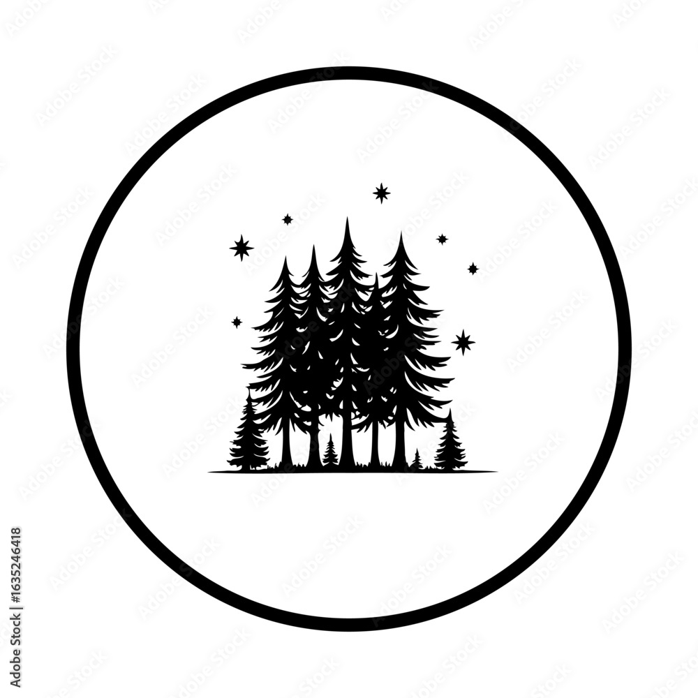 Poster minimalist forest illustration featuring pine trees and stars encapsulated within a circular frame d