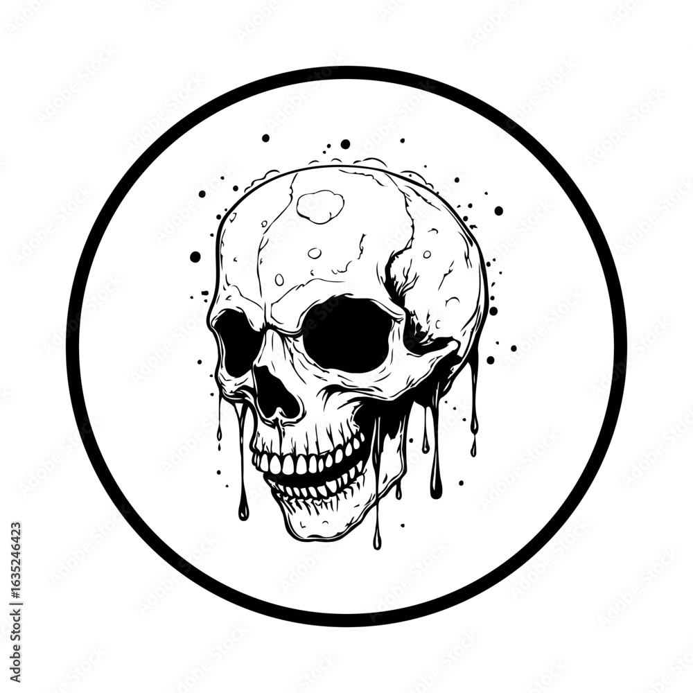 Poster striking monochrome skull illustration with dripping elements and circular frame adding gothic charm