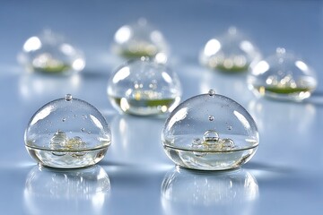 Clear, spherical vessels filled with liquid, showcasing bubbles and inclusions