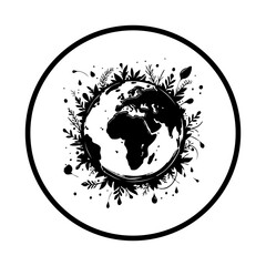 earth day celebration with a world globe and natural floral accents black and white illustration
