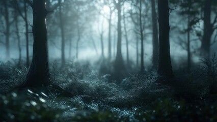 Ethereal Moonlight Piercing a Misty Forest with Glistening Dew