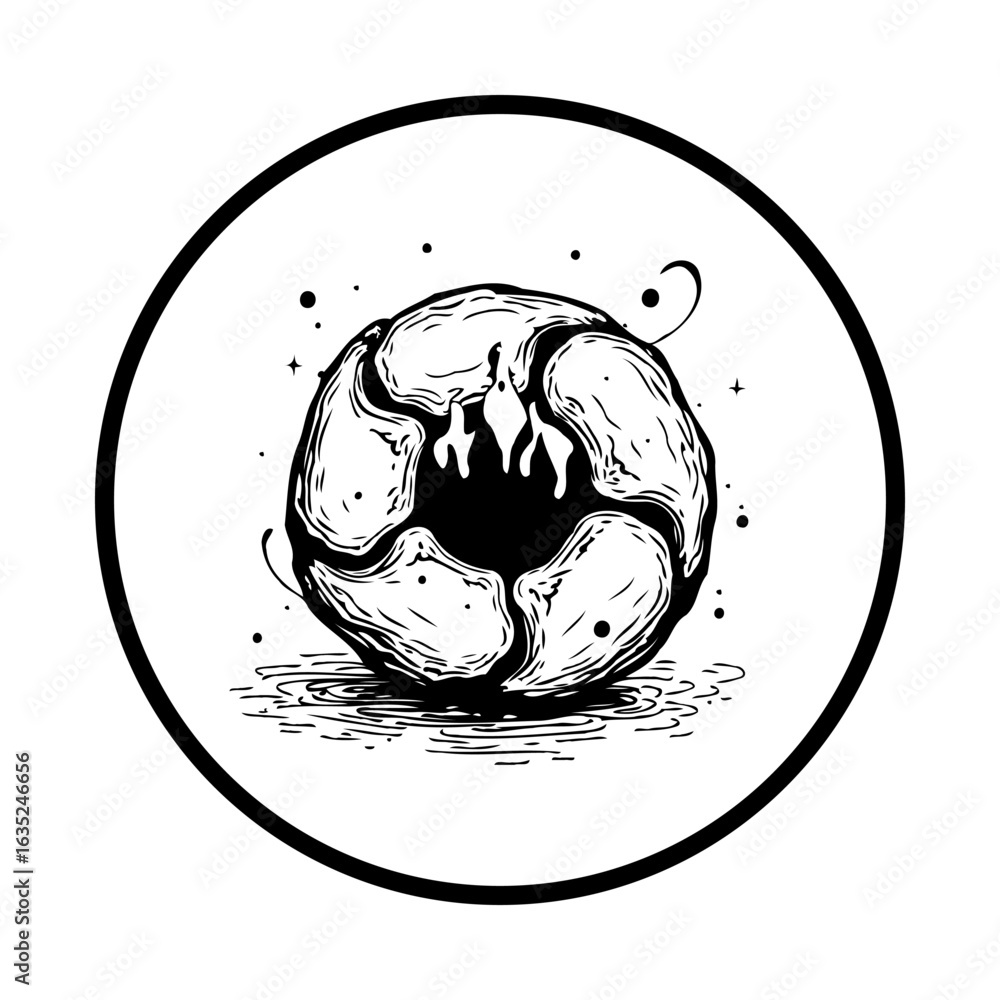 Poster mystical drawing of a donut like shape with flame symbol within a circular border illustration