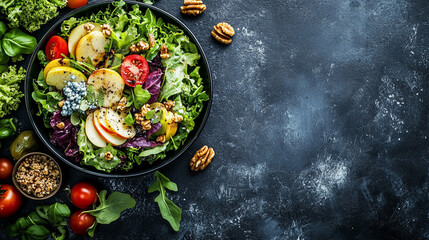 Fresh and colorful mixed vegetable salad with leafy greens cherry tomatoes boiled eggs nuts and...