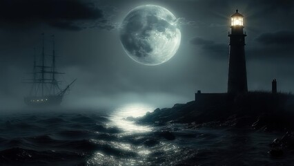 Ethereal Moonlit Voyage: Majestic Tall Ship Navigates Foggy Seas Guided by a Solitary Lighthouse