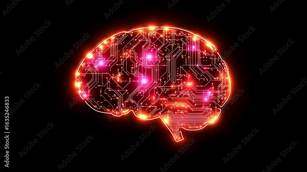 Aufkleber human brain as digital circuit board glowing with red pink energy on black background for artificial