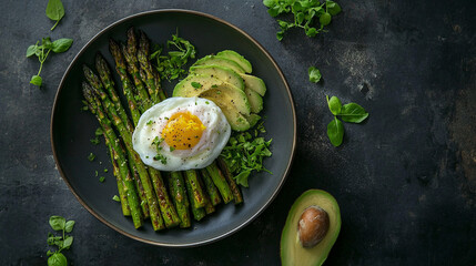 Fresh healthy breakfast with grilled asparagus avocado slices and poached egg on black plate with...