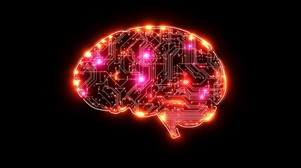 Human brain as digital circuit board glowing with red pink energy on black background for Artificial intelligence AI innovation cognitive technology science neural data future virtual concept 