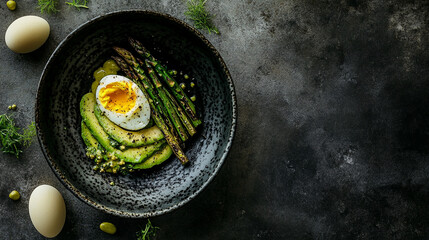 Nutrient-rich green breakfast bowl featu avocado slices steamed asparagus and a perfectly cooked...
