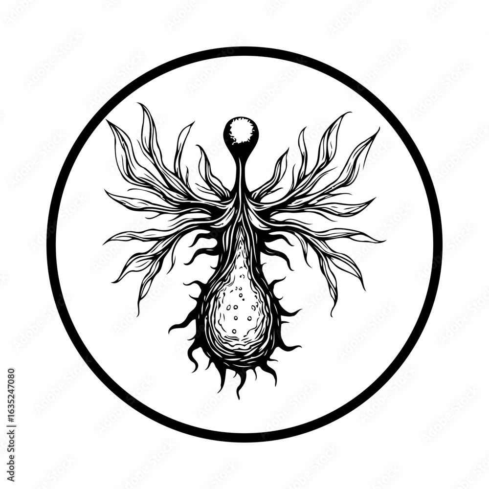 Poster ethereal symbol with intricate botanical elements encapsulated in a circular mystical emblem, a blac