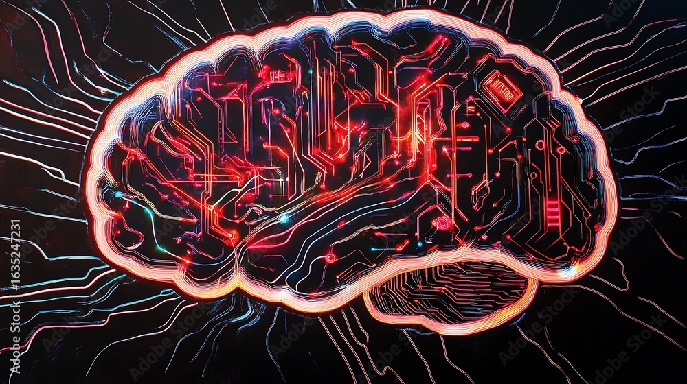 Aufkleber human brain as complex red circuit board with glowing wires for artificial intelligence ai futuristi