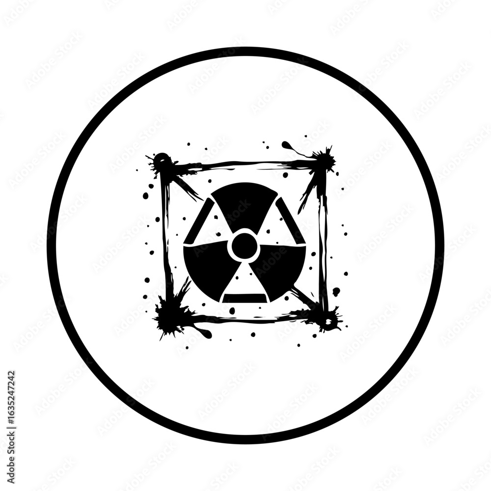 Poster stylized radiation hazard warning within a square and circle frame offering a stark minimalist desig