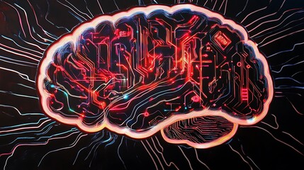 Human brain as complex red circuit board with glowing wires for Artificial intelligence AI futuristic technology digital innovation science data system thinking electronic network design concept 