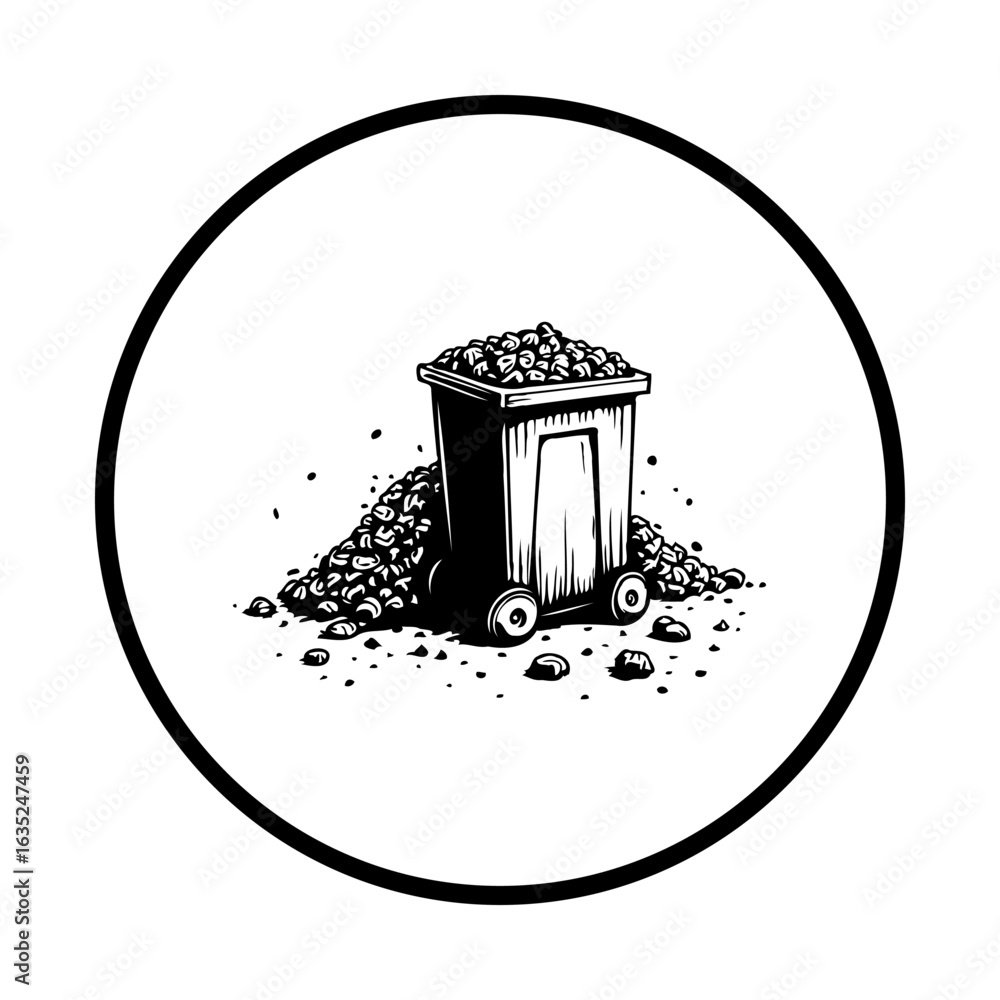 Aufkleber illustrative representation depicting a small mine cart overwhelmed by a mound of extracted resource