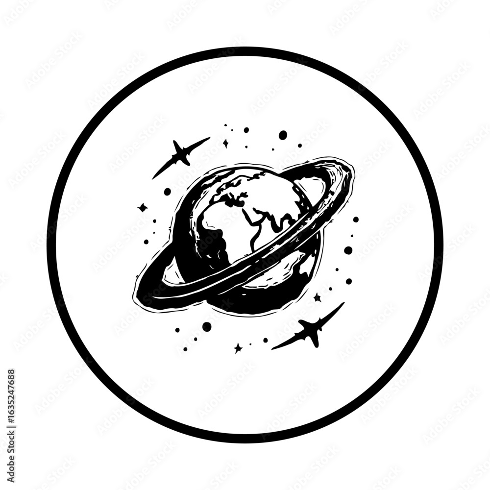 Poster a captivating rendering of earth encased in rings with celestial birds enhancing the cosmic scene in