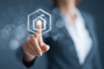Businesswoman selects house icon on hexagonal backdrop