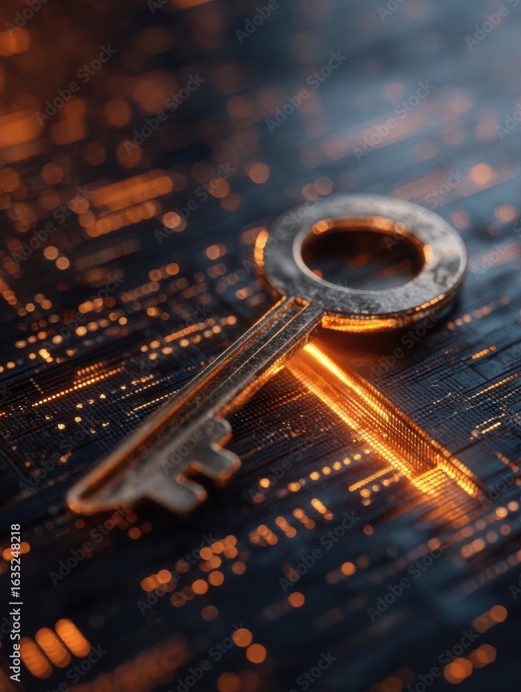 Poster metal key resting on a futuristic surface with glowing digital patterns in a dark environment