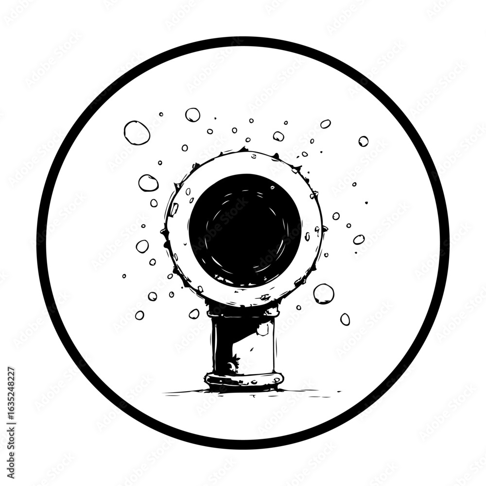 Poster monochrome drawing of a mysterious object resembling a telescope amidst floating orbs in a circular 