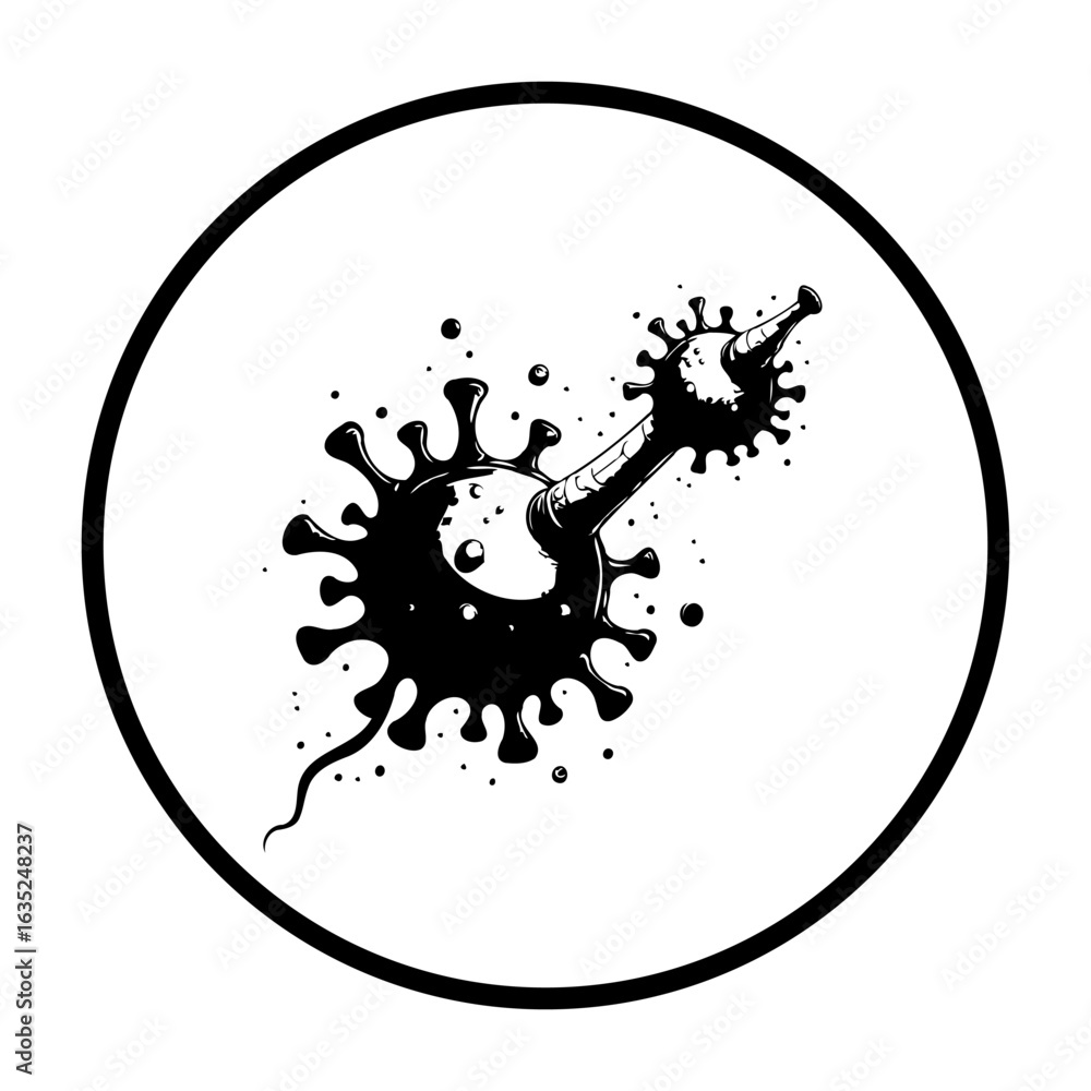 Poster black and white stylized vector illustration of a virus with sharp spikes within a circle