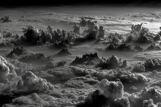 High-angle view of dramatic cloudscape, mountain silhouettes veiled in mist - Powered by Adobe