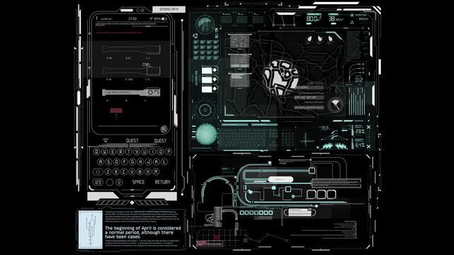 A futuristic smartphone interface with a red circle countdown timer, a qwerty keyboard, and various icons