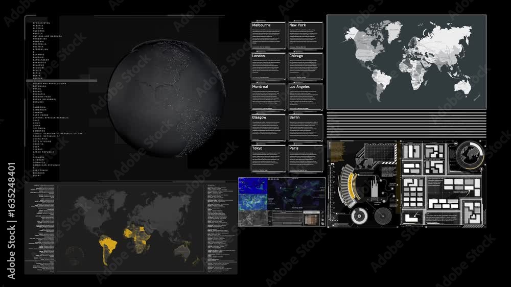 Poster a futuristic computer interface displays a global map, city data, and other information
