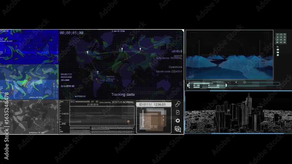 Poster a computer screen displays several satellite images including a world map with data overlaid, a city