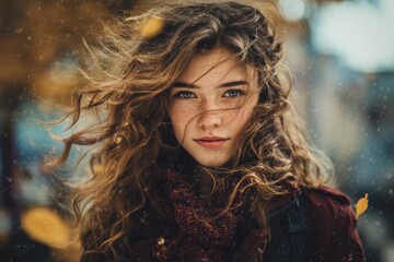 City girl s autumn portrait in windy weather