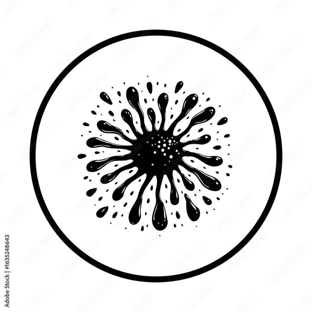 Poster black ink splatter vector illustration within a circular frame design offering a distinct graphic el