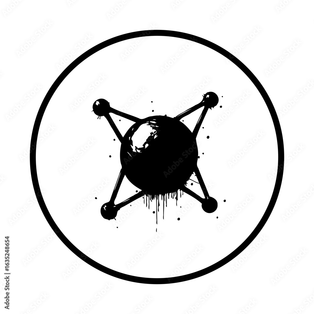 Poster circular abstract digital art with planet connections symbolizing global network communication and m