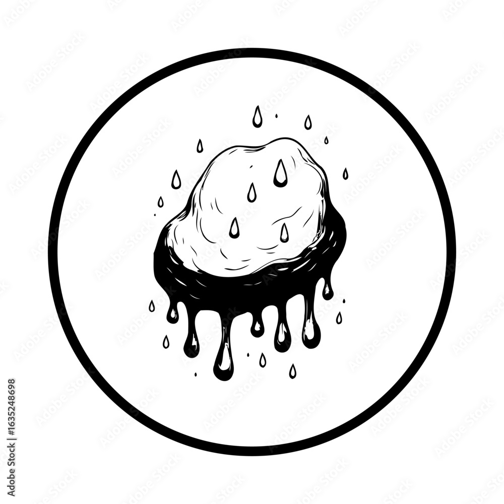 Poster melting blob design with dripping effect surrounded by a circular black frame, isolated vector art i