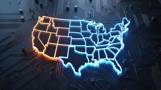 Dynamic USA map glowing on futuristic circuit board, representing digital connectivity and innovation