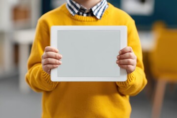 Close up of student with empty screen tablet