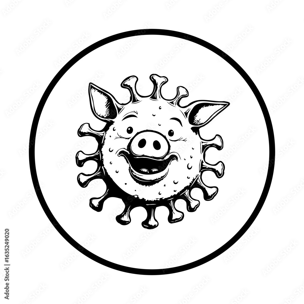 Aufkleber illustration combining pig features with coronavirus elements creating a humorous design inside a ci
