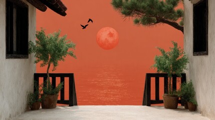 Obraz premium Textured building walls frame a tranquil ocean vista with a large orange moon and flying birds